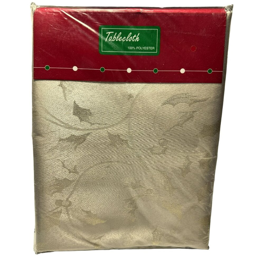 Tablecloth Holiday 70" Round Holly Tonal Leaf Design Wheat/Gold NEW